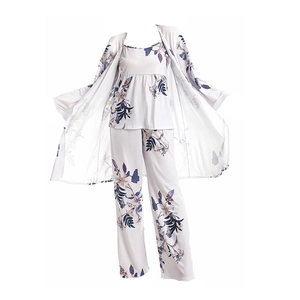 Three-piece floral pajama set with kimono robe, camisole top and wide-leg trousers