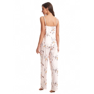 Three-piece women cotton floral pajama set with camisole top and long trousers in pink