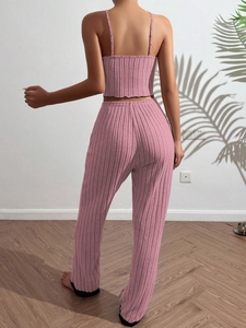 Rear view of pink ribbed knit camisole top and high-waisted wide-leg pajama pants set