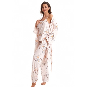 Women's 3-piece floral pajama set with camisole, trousers and robe in light pink