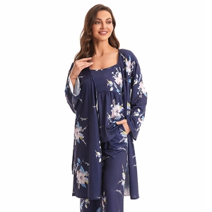 Women floral cotton 3-piece pajama set with camisole, pants and long robe in navy blue