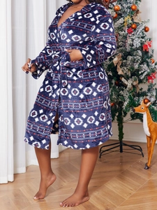Cozy winter fleece hooded bathrobe with Fair Isle geometric pattern and waist belt detail