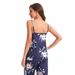 Women's 3-piece floral pajama set with camisole and pants in navy blue soft cotton