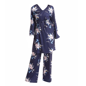 Women's three-piece floral pajama set with navy blue V-neck robe and wide leg trousers