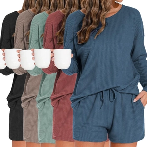 Damen Waffelstrick Schlafanzug-Set Langarm Oberteil Und Shorts Mit Kordelzug Lässiges Hausanzug-Set Zweiteiliges Nachtwäsche