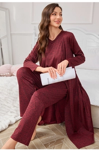 Cozy heather burgundy 3-piece knit lounge set with V-neck top, pants and long cardigan
