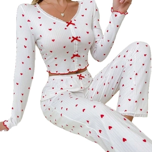 Women's heart print pajamas set with V-neck long sleeve crop top and matching high-waist pants
