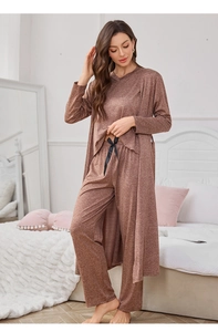 Detailed view of women's loose loungewear set with brown knit fabric and waist ribbon