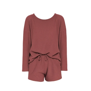 Waffelstrick Lounge-Set für Damen mit Langarm-Oberteil und passenden Shorts in Dunkelrosa