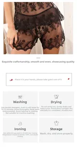 Détail de la lingerie en maille noire avec broderie florale et consignes de lavage