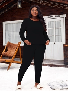 Ensemble pyjama grande taille noir pour femme avec haut à manches longues et neige