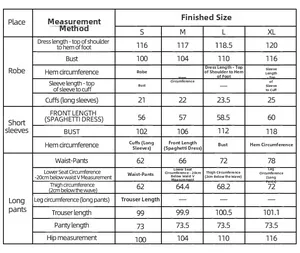 Detailed size chart for women V-neck loungewear set including robe, top and pants
