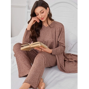 Women's 3-Piece Loungewear Set Polyester Knitted Marl V-Neck Pullover Top Long Pants With Robe For Home Casual Sleepwear