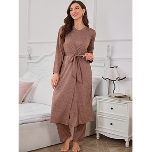 Women's lounge set with V-neck wrap robe and pants in a coffee-colored knit fabric