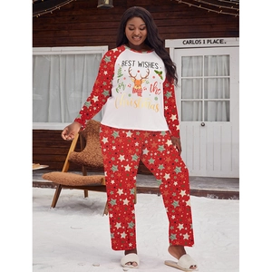 Damen Übergrößen Weihnachten Rentier Stern Druck Schlafanzug Langarm Raglan Oberteil Und Hose Festlicher Pyjama Lounge-Set