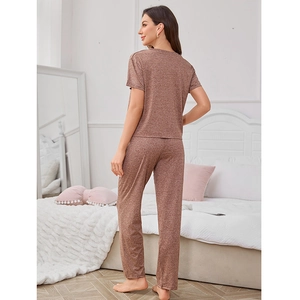 Women's V-neck short sleeve and pants loungewear set in heathered terracotta finish
