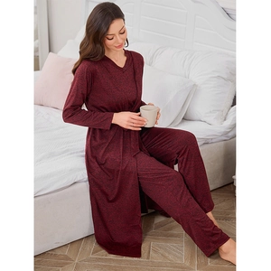 Three-piece dark red knit loungewear set with robe, top, and pants for women