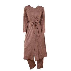 Women's 3-piece loungewear set with cardigan, V-neck top and pants in coffee brown