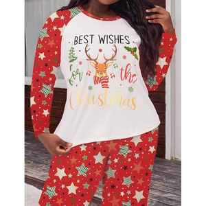 Damen Übergrößen Weihnachts-Pyjama-Set mit Elch-Druck und Sternenmuster-Hose für festliche Tage