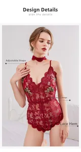 Close-up of red floral lace lingerie with adjustable straps and waist detail
