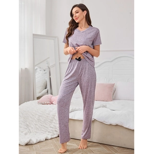 Women's two-piece V-neck pajama set in purple heather with black bow decoration
