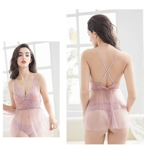 Front and back detail of purple lace and sheer mesh lingerie set with criss-cross back