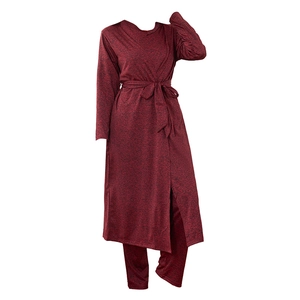 Women's burgundy knit pajama set with long-sleeved tie-waist robe and matching trousers