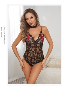 Exquisite black floral lace bodysuit with elegant deep red rose embroidery detail