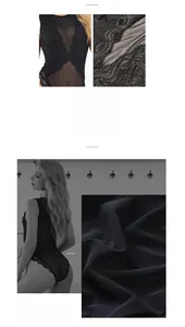 Détail du body en maille noire transparente avec dentelle florale et dos nu sexy