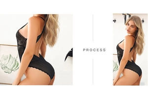 Lingerie en dentelle noire dos nu détaillée avec bordure en cils et broderies fines