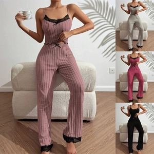 Women Ribbed Knit Pajama Cami Top And Long Pants Loungewear Sleepwear Casual Home Wear Suits With Lace Trim And Bow Decoration