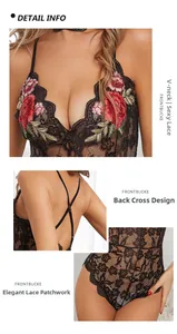 Detailed views of black lace bodysuit featuring red floral embroidery and cross-back straps