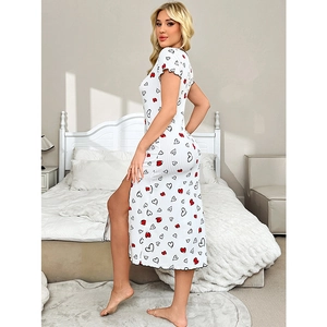 Camicia da notte donna con stampa a cuori, maniche corte, spacco alto e maglia a coste