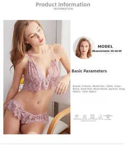 Tableau des tailles et gros plan sur lingerie en dentelle rose 100% nylon de haute qualité