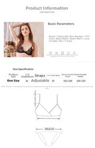 Tabella taglie per set lingerie in pizzo nero con misure e specifiche dei materiali