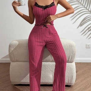 Dusty rose ribbed knit loungewear set with lace trim camisole and matching trousers