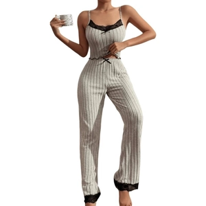 Women grey ribbed loungewear set with camisole top and pants featuring black lace trim