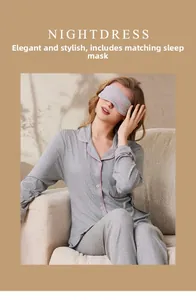 Detail of grey pajama set with pink piping and matching embroidered love secret eye mask