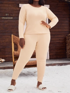 Ensemble homewear grande taille thermique abricot avec haut manches longues et pantalon