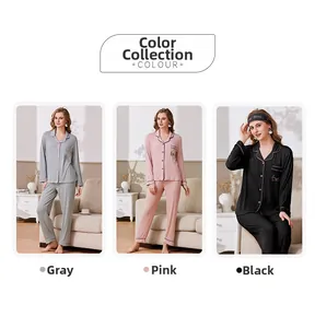 Three-color pajama set featuring grey, pink, and black long-sleeve designs with contrast piping