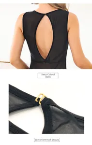 Détail du body en mesh transparent avec dos nu sexy et fermoir doré au cou