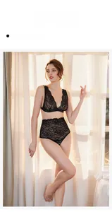 Detailaufnahme von schwarzem Spitzen-Lingerie-Set mit transparenter High-Waist-Unterwäsche