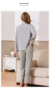 Detail view of dry rose pajamas with 'Love' embroidery and contrasting pink trim