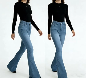 Front and side view of high waist flared jeans paired with a long sleeve black knit top