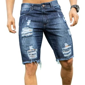 Slim fit men's distressed denim shorts with ripped holes and frayed hems in dark blue