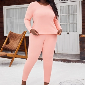 Ensemble de Détente Femme Grande Taille Couleur Unie Col Rond Manches Longues Top And Bottom Pyjama Thermique Polyester