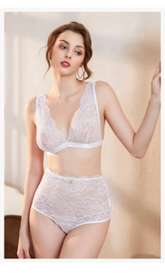 Detailansicht der weißen Spitzenstickerei auf dem High-Waist-Slip und dem weichen BH