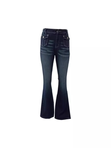 Slim fit dark blue flare jeans with high waist and white contrast stitching details