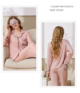 Detail of pink ribbed pajama set with Love embroidery on pocket and matching eye mask