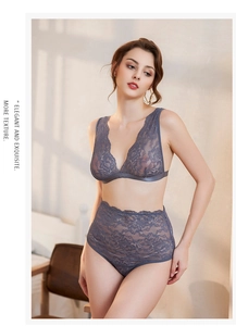 Exquisites graues Spitzen-Lingerie-Set mit High-Waist-Slip und kabellosem Triangel-BH